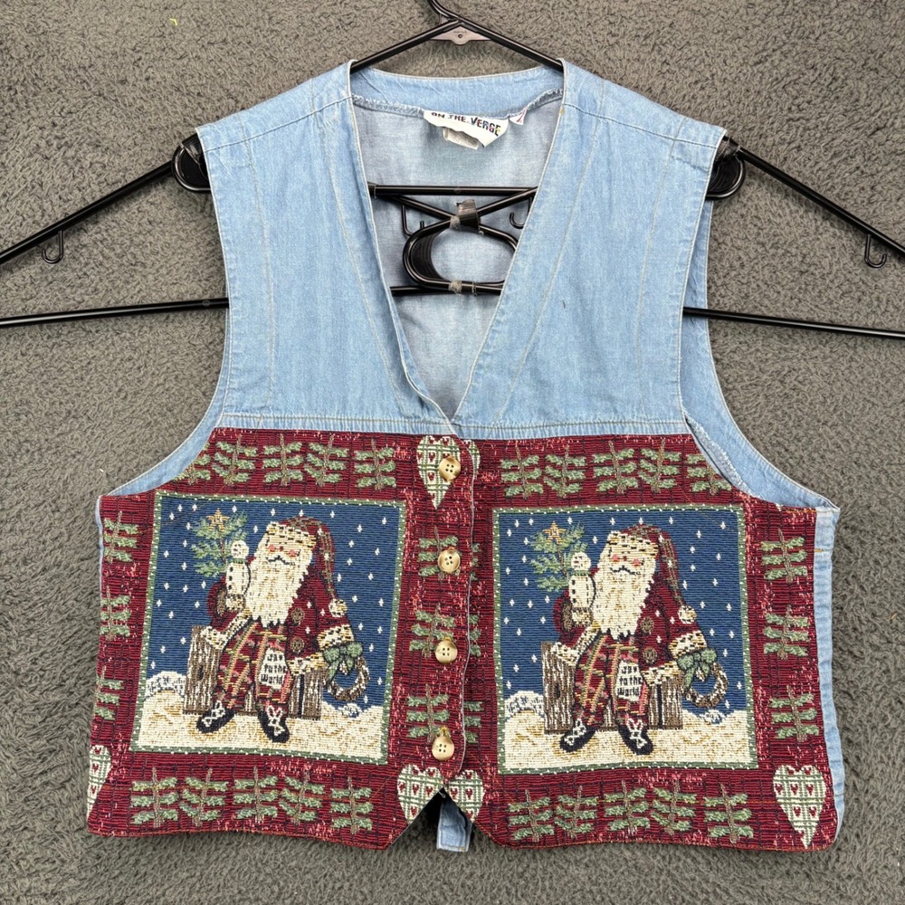 On The Verge Denim Christmas Vest Santa Print Tapestry Lined Women‎ XL Made USA